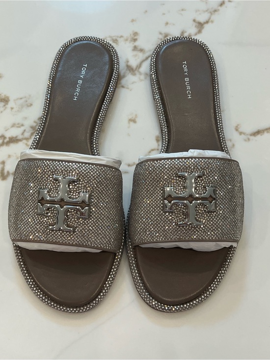 Tory Burch Shoes - Tory Burch Everly Slide Crystal Logo Slide Sandals - Dark Clay / Crystal